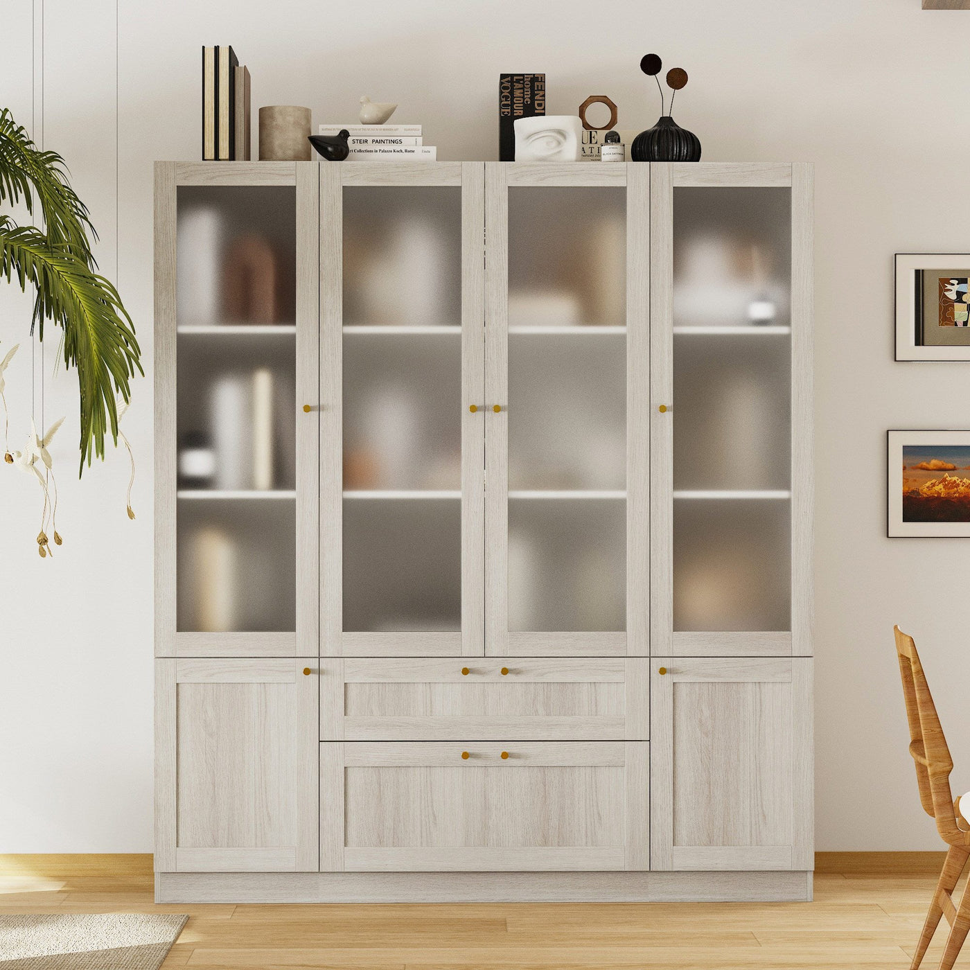 78.7" Modern Display Cabinet with Adjustable Shelves, Frosted Glass Doors and Drawers
