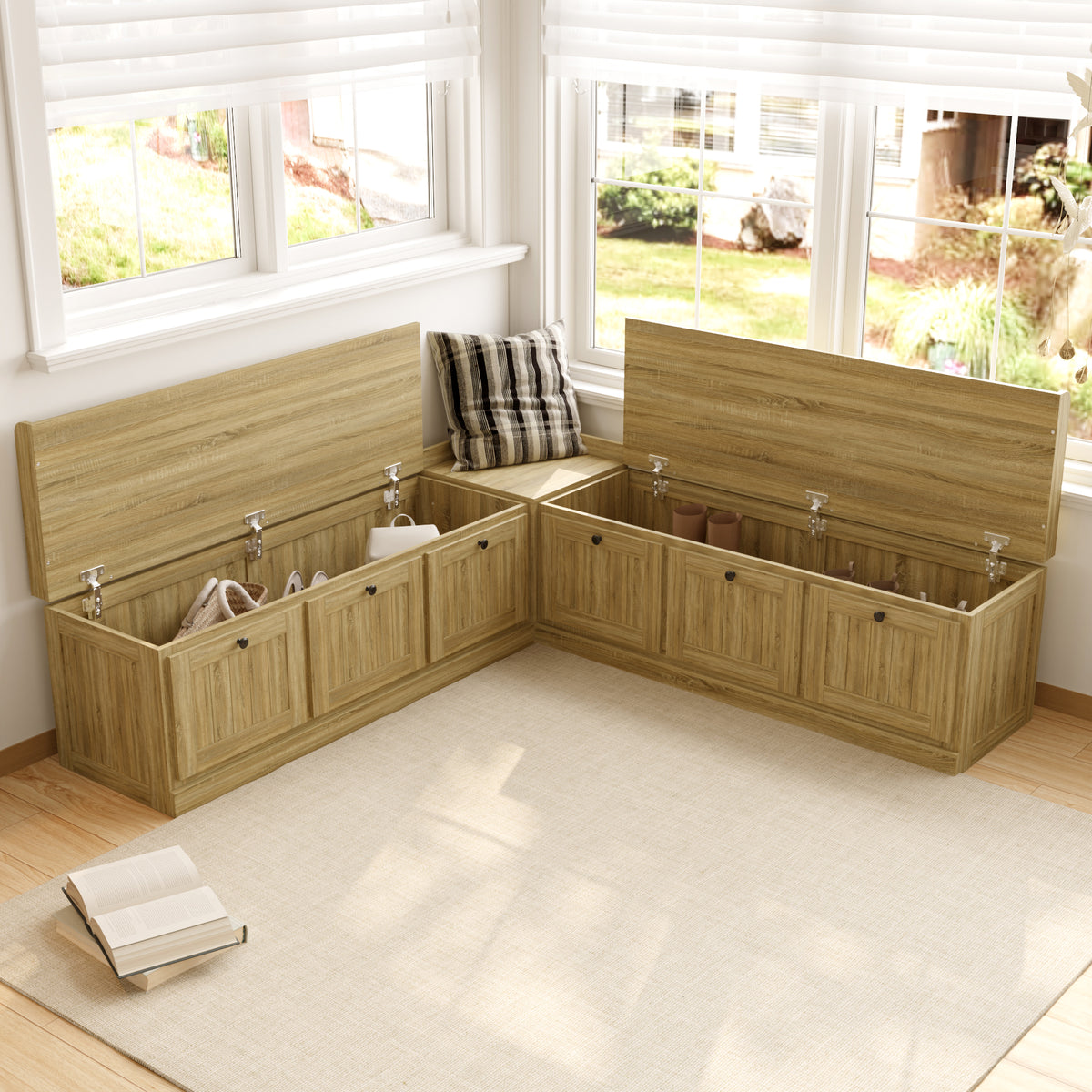 63" Modern Oak Corner Shoe Storage Bench with Flip-top Lid