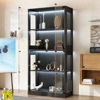 Modern black glass display cabinet with decorative items in a room setting.