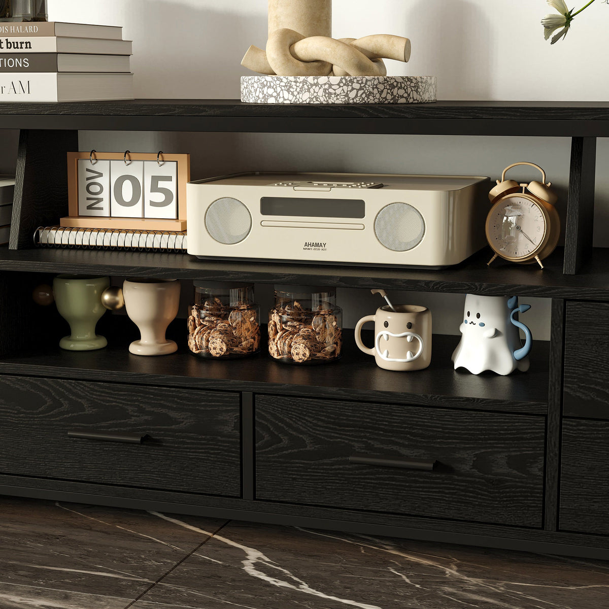 110" Modern Black TV Stand Entertainment with Ample Storage And Space Sound Bar Shelf