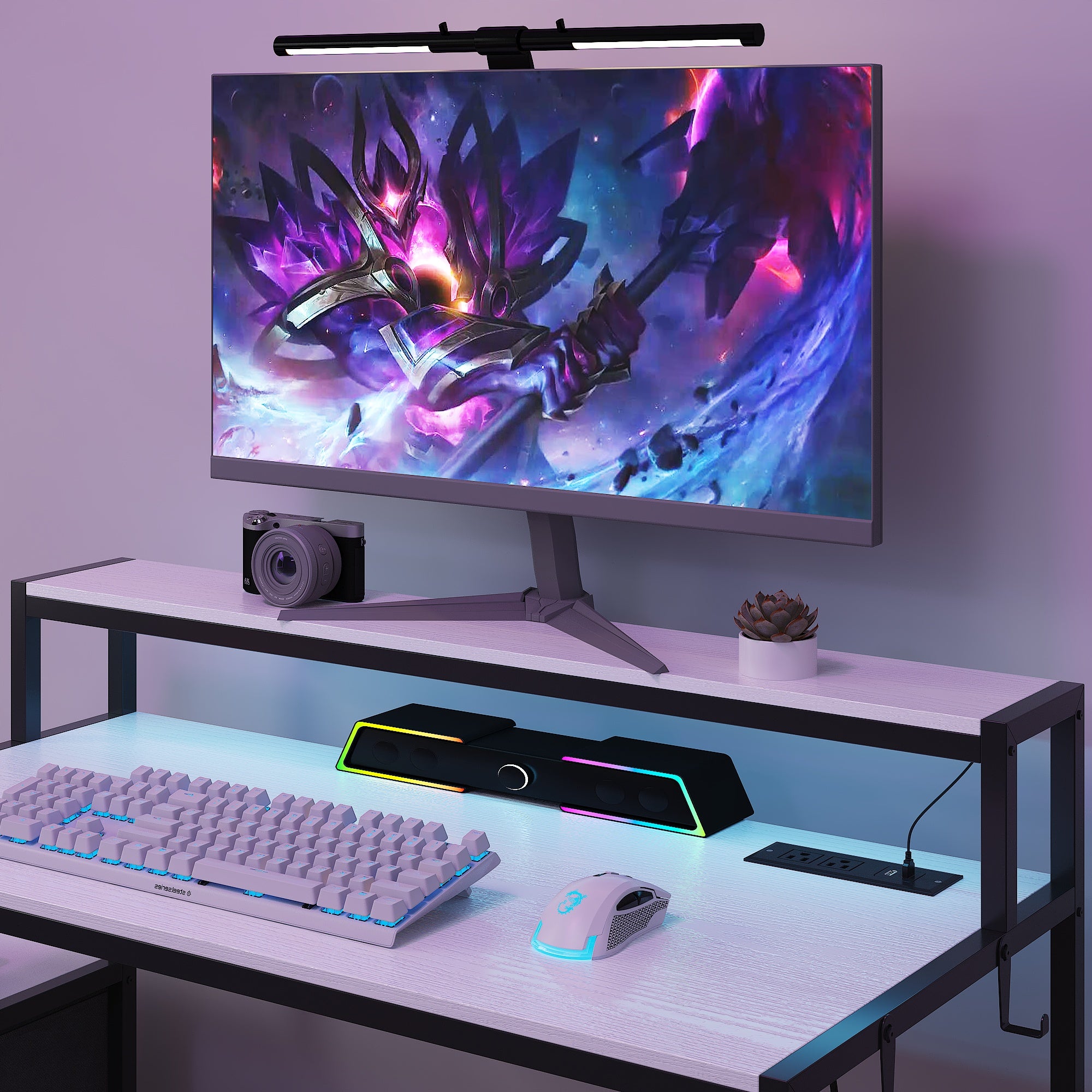 Computer Desk With Monitor Stand & Charging Station, Gaming Desk With LED Lights & Drawers