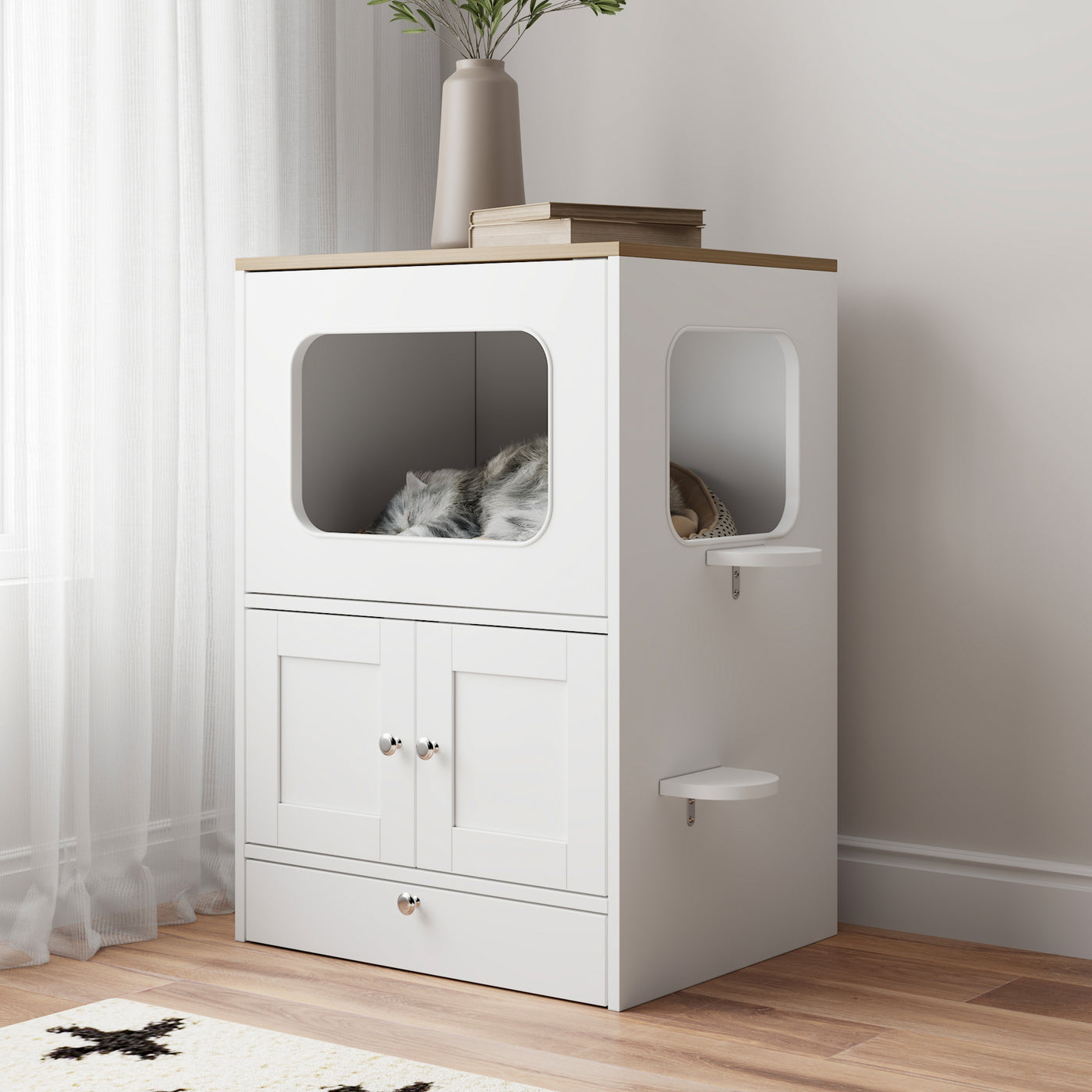 21.7" Modern White Multi-Functional Cat Condo Cabinet with Feeding Station and Storage