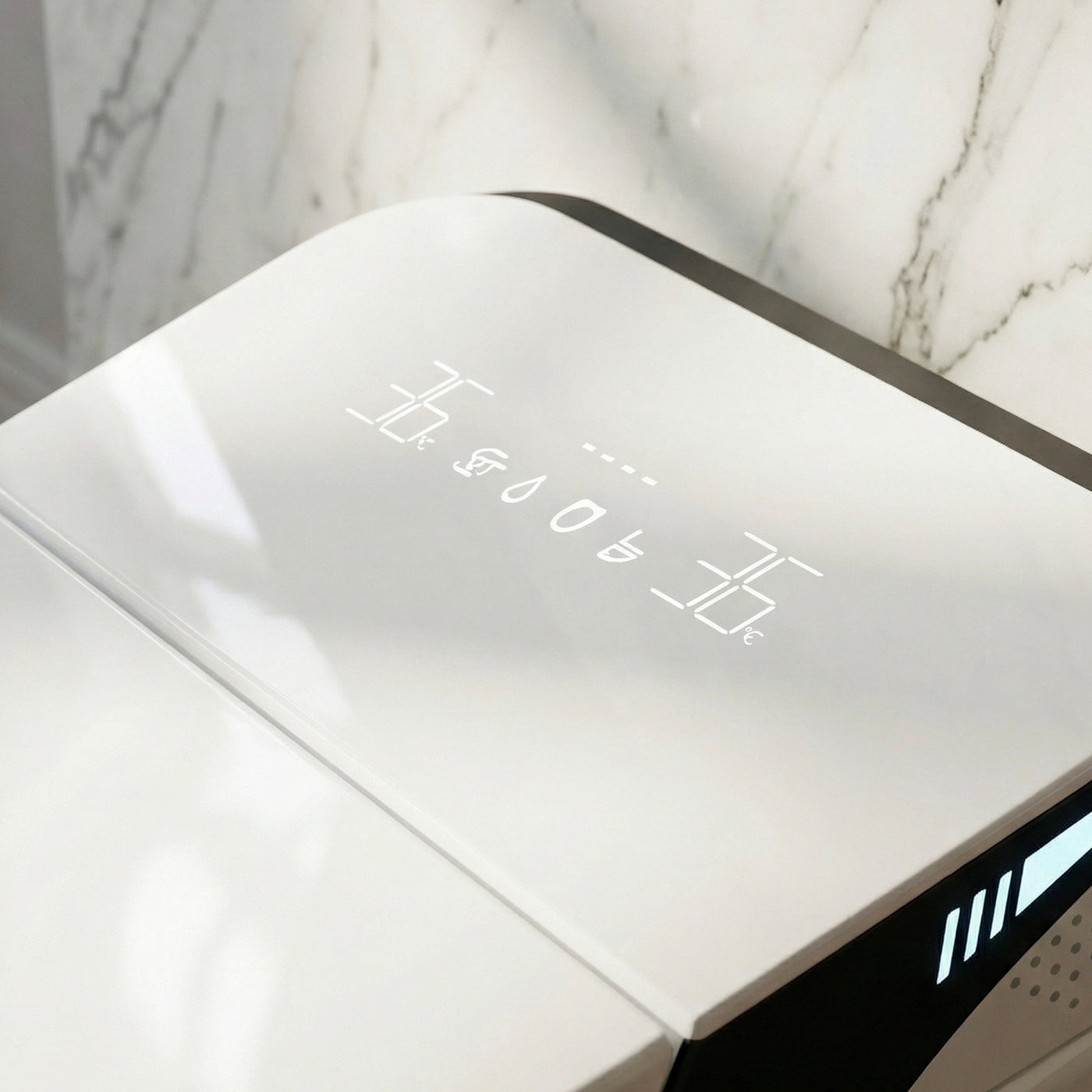 White smart toilet with digital display, and side control knob