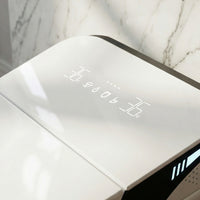 White smart toilet with digital display, and side control knob