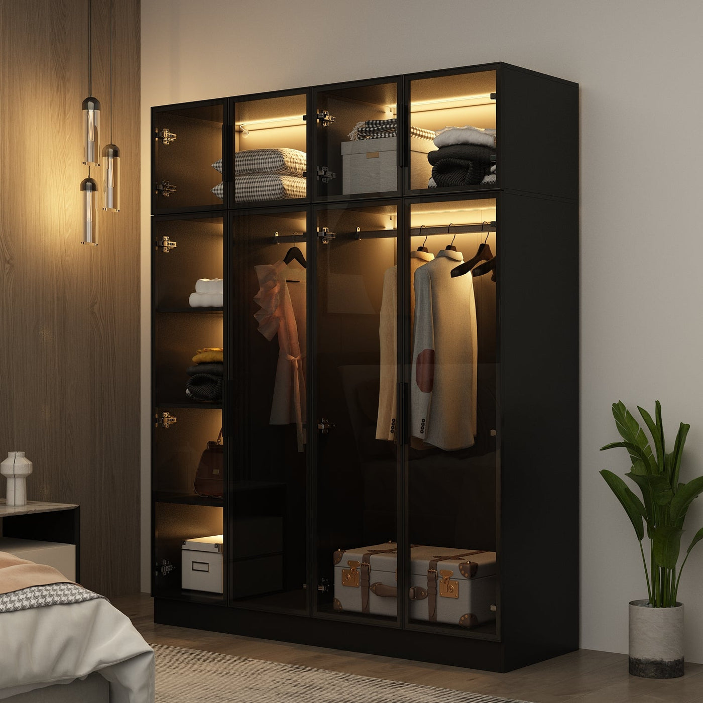 Modern wardrobe with clothes and shelves in a well-lit room