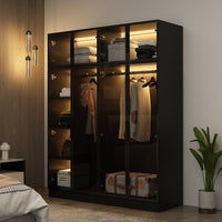 Modern wardrobe with clothes and shelves in a well-lit room