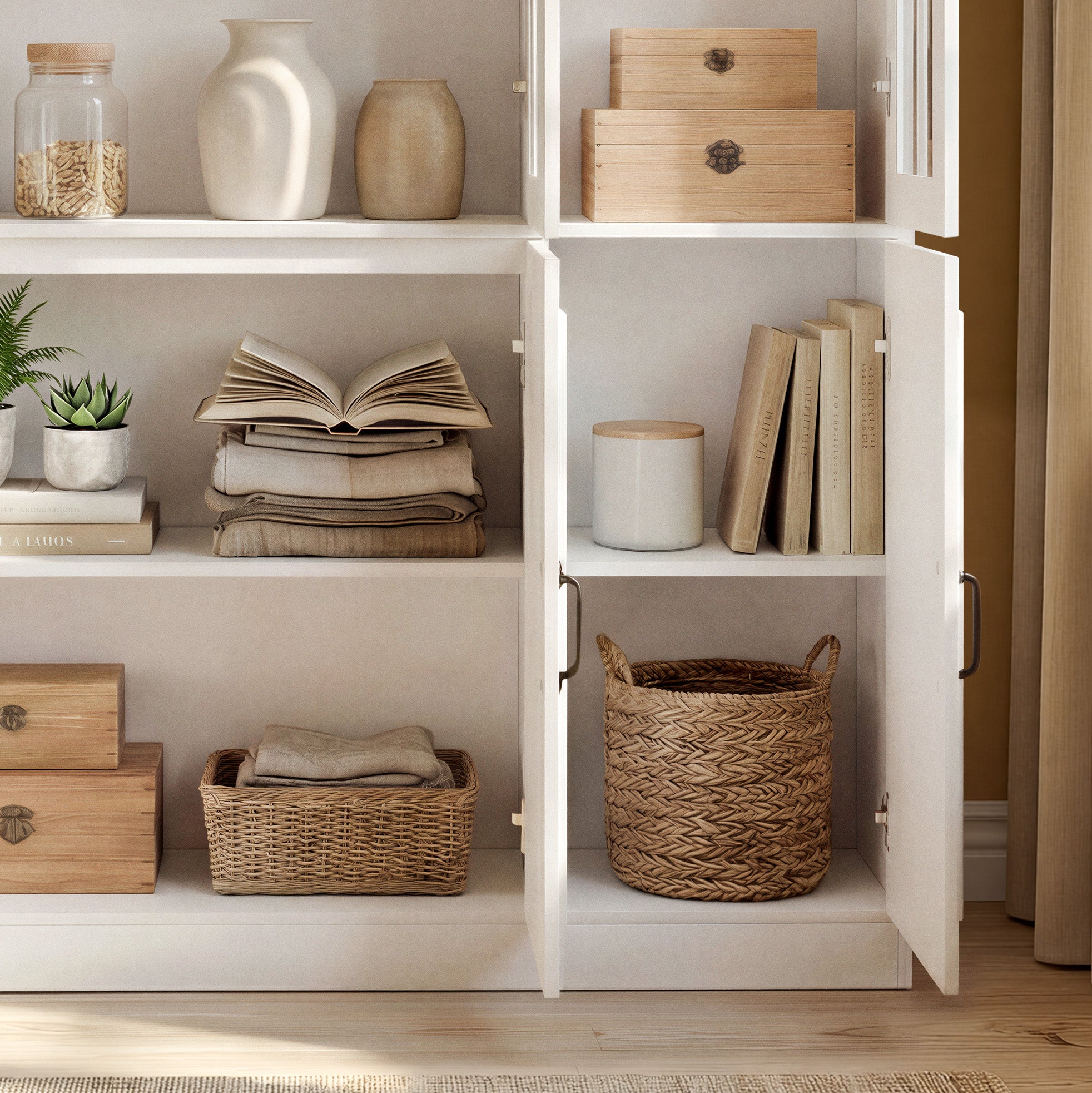 47.2 inches Modern White Freestanding Wood Bookcase with 3 Glass Doors