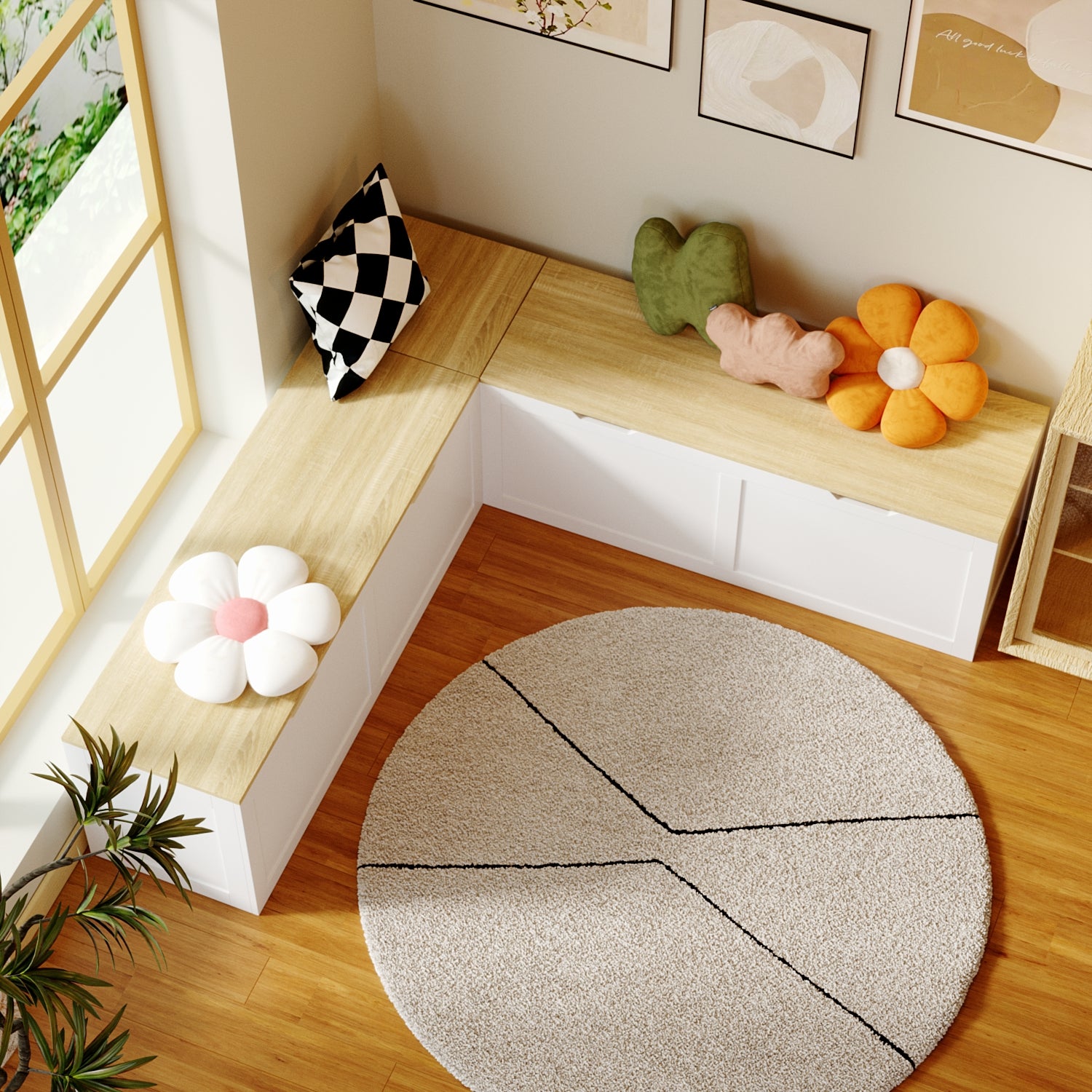 White corner shoe cabinet with bench seating and hidden storage
