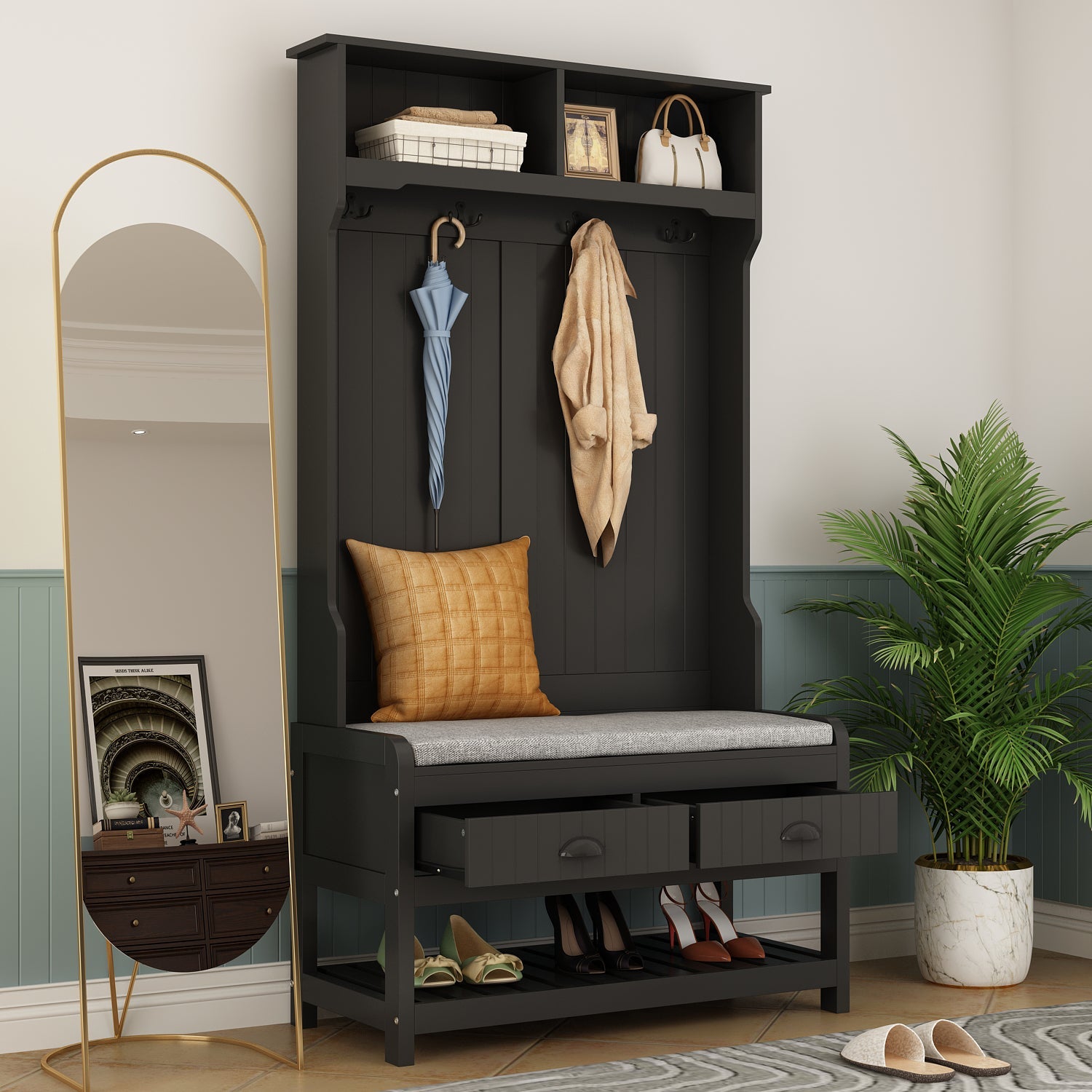 Modern Hall Tree with Storage Bench, 4-in-1 Entryway Bench with Coat Rack, Tall Hall Tree with 4 Metal Double Hooks, Shelves & 2 Drawers for Hallway, Living Room