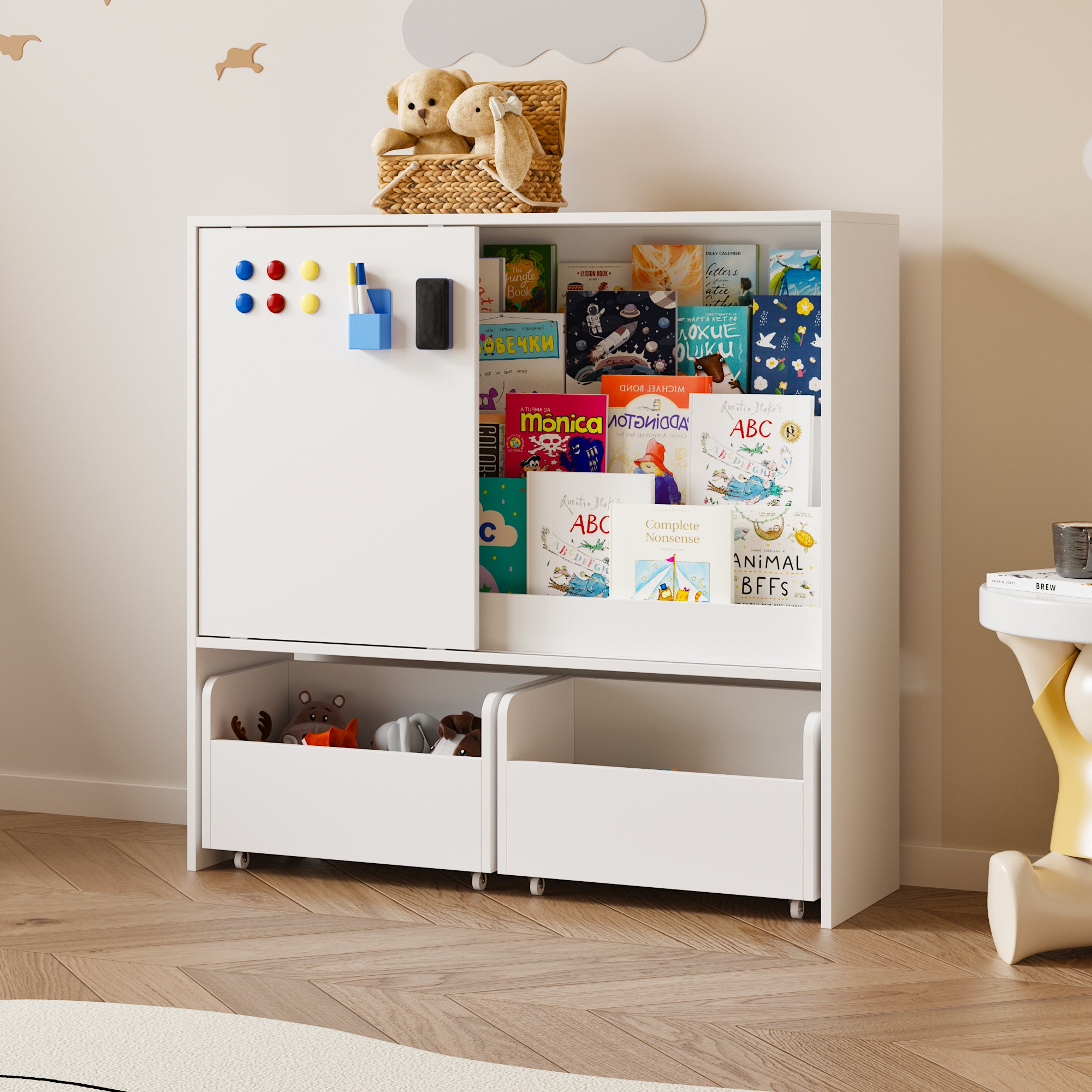 39.4 inch Modern White Kids Bookcase with Magnetic Whiteboard Doors