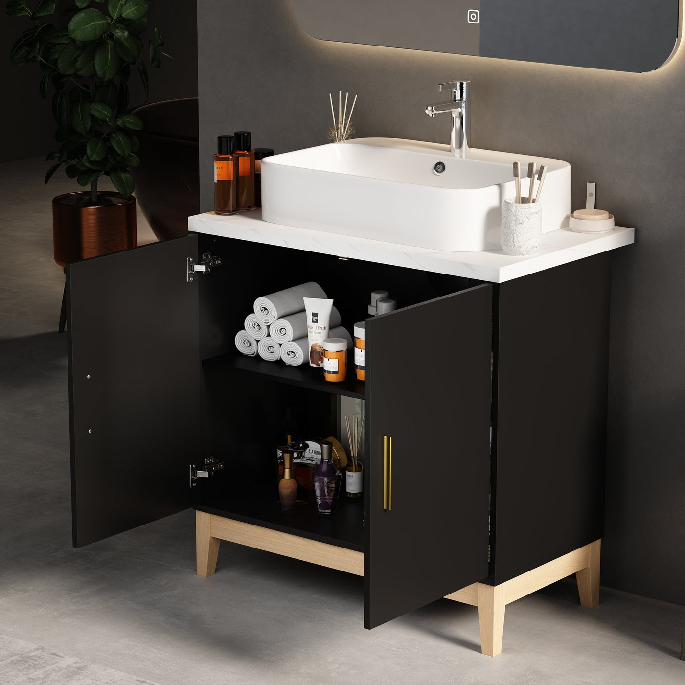 31.6" Modern Black Single Bathroom Vanity With Manufactured Wood Top And Interior Shelves