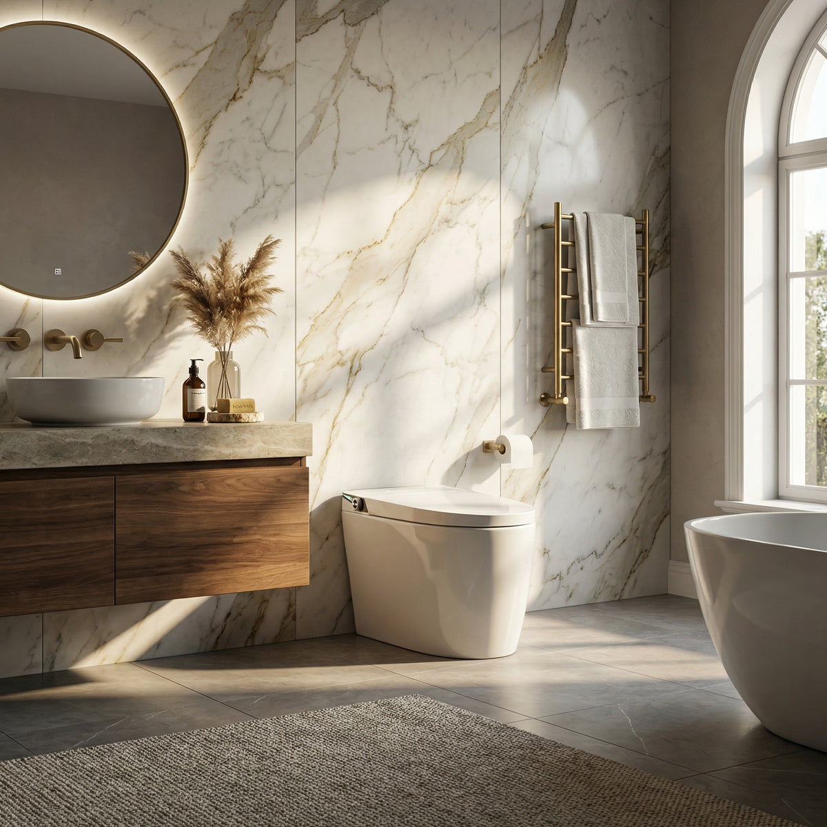 White smart toilet with digital display, and side control knob