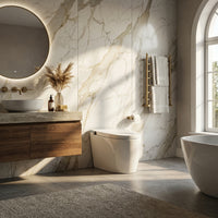 White smart toilet with digital display, and side control knob