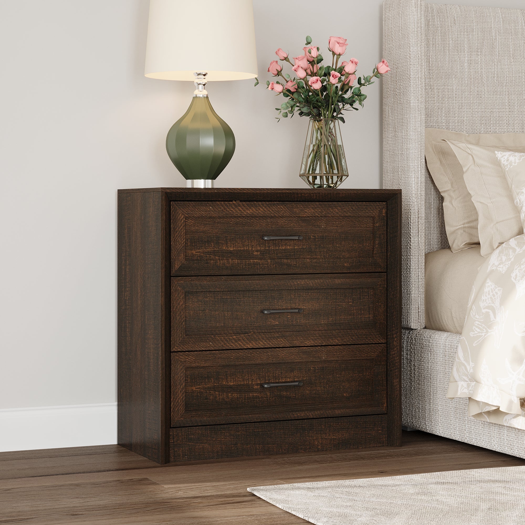 3-Drawer Nightstand With Wood Grain Finish