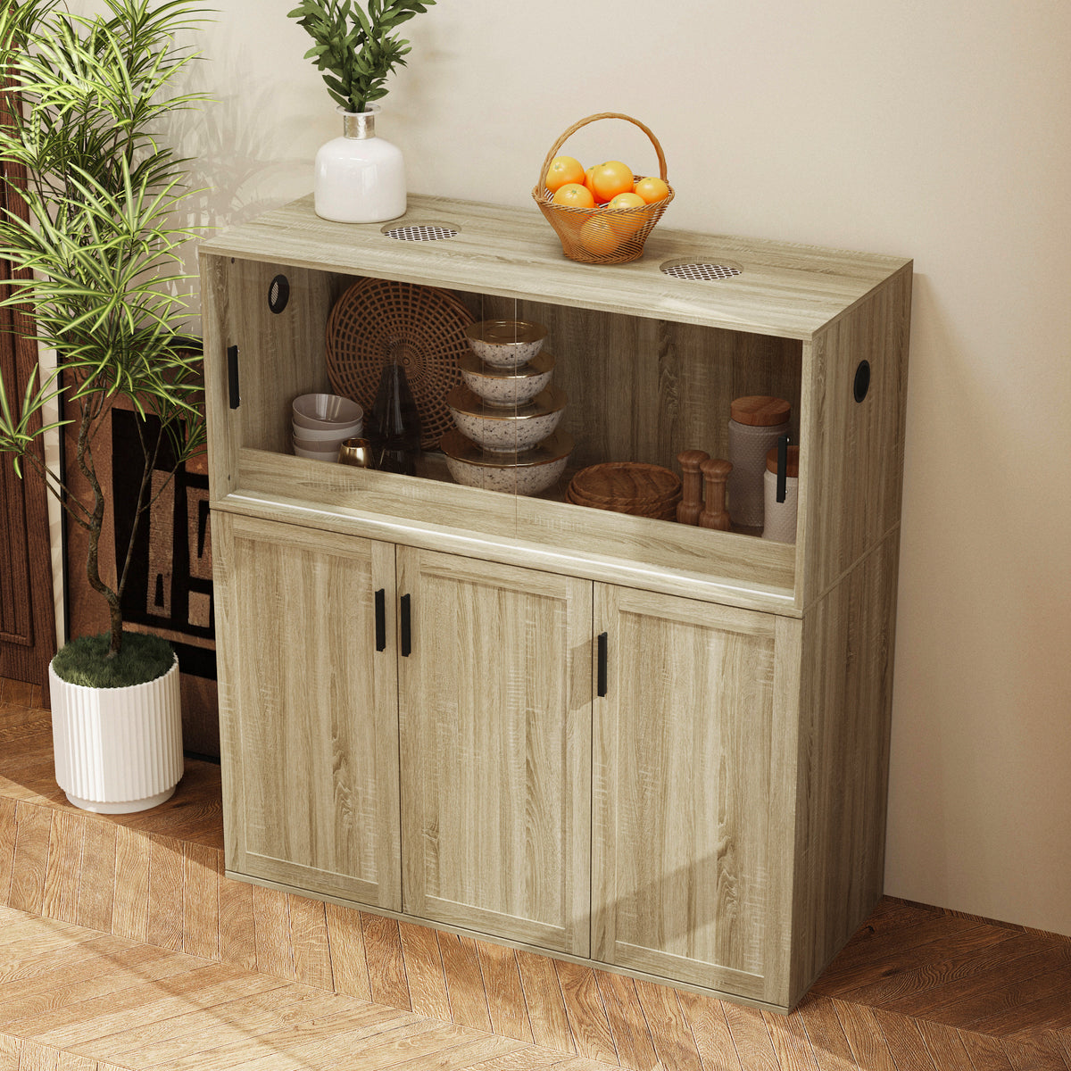 47.2" Modern Natural Wood Food Pantry Cabinet with Sliding Glass Doors & Ventilated Design