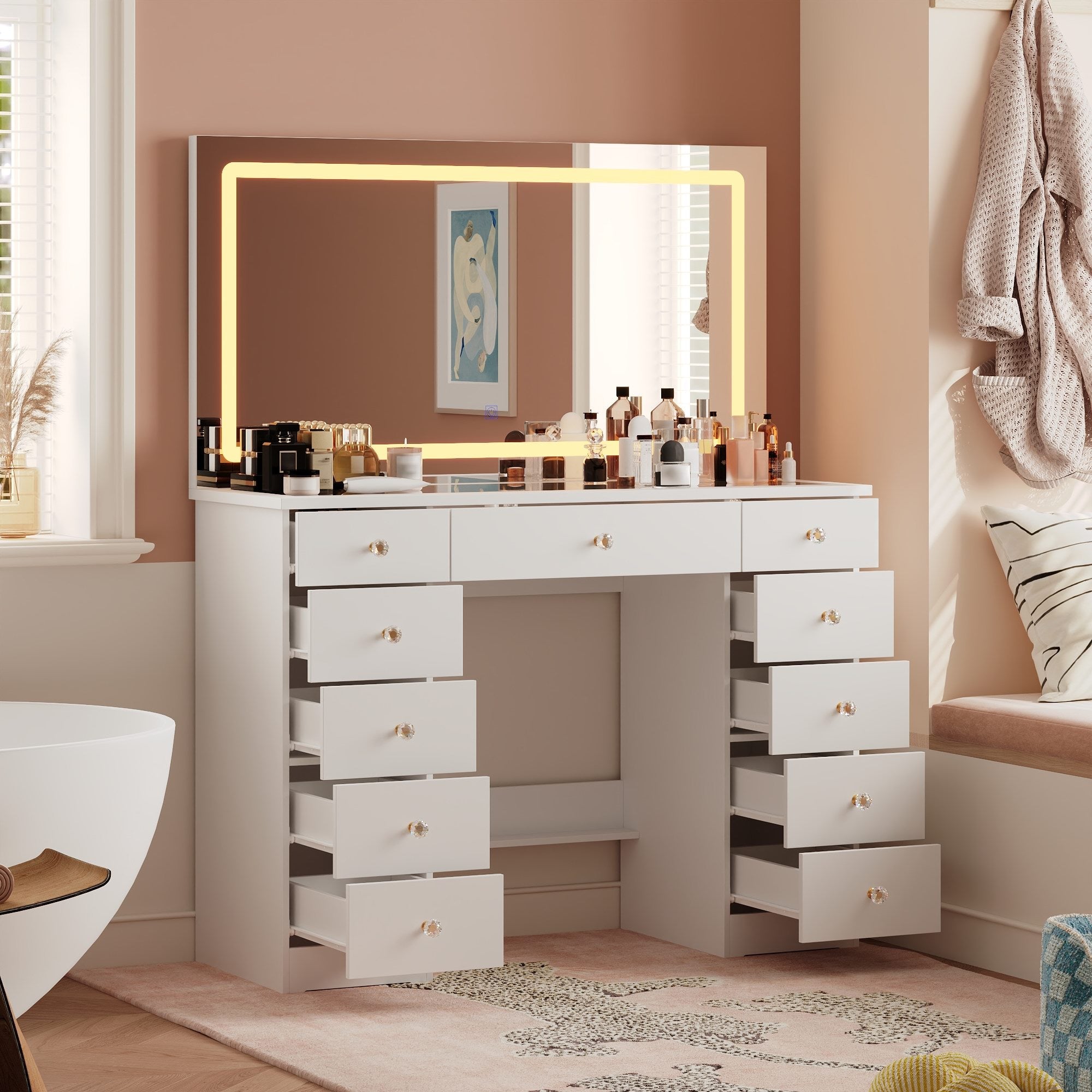 Modern Makeup Vanity With LED Lights And Glass Top - Stylish 9-Drawer Beauty Table