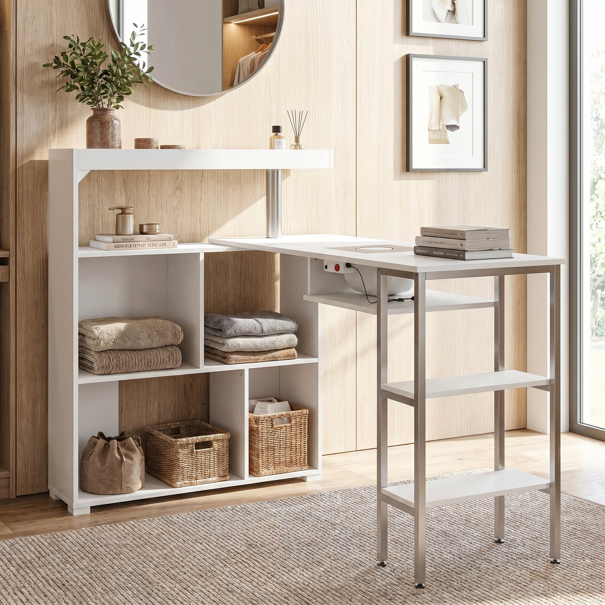 43.3". Modern White Manicure Table with Built-In Dust Collector and Rotating Storage Shelves