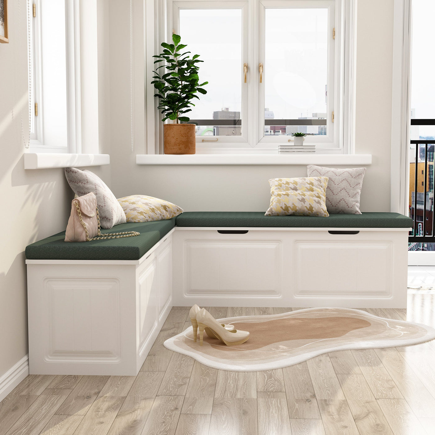 63" Modern White Corner Shoe Bench with Cushion and Storage