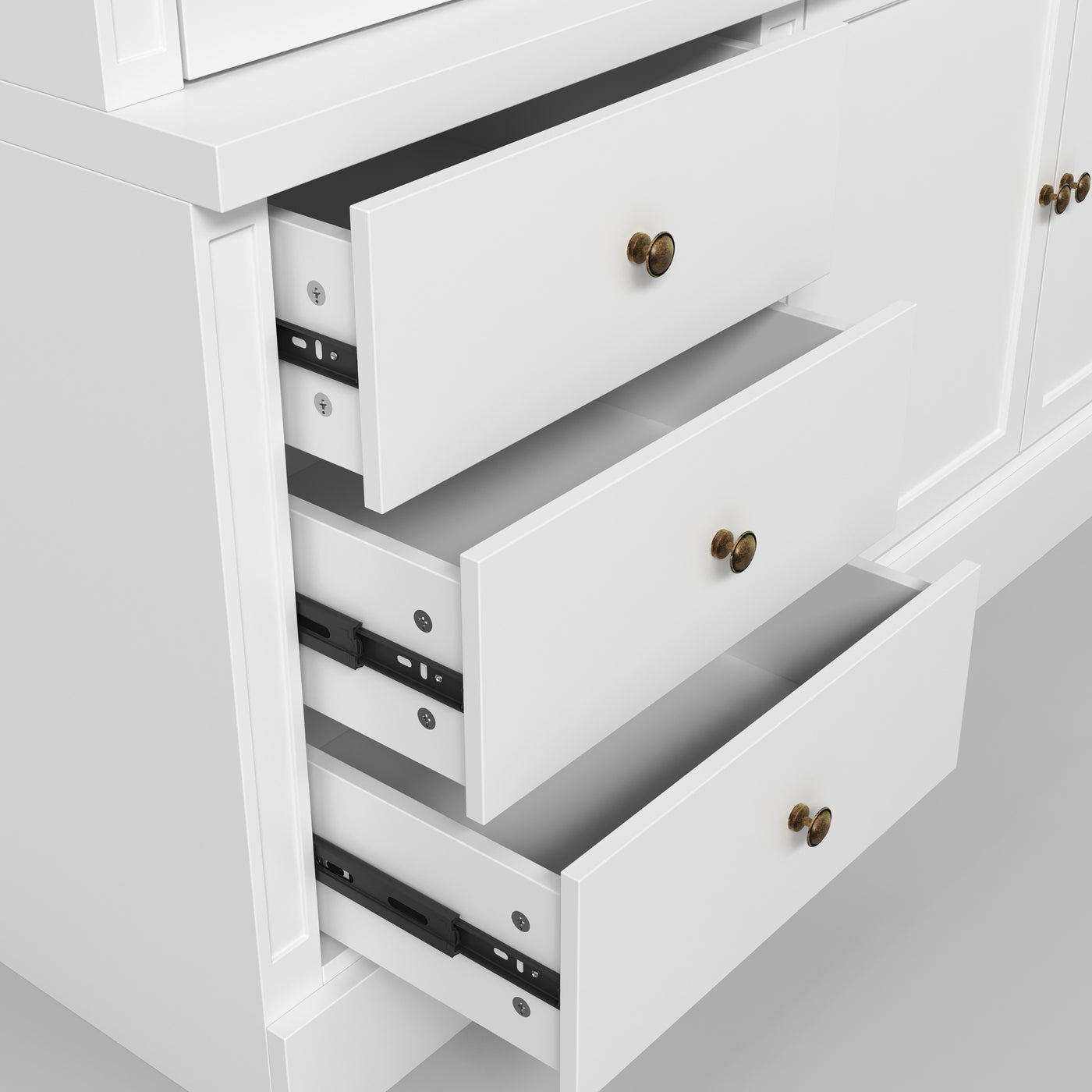 White entertainment center with open TV space, glass side cabinets, lower storage cabinets, and drawers