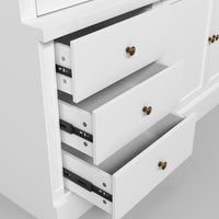 White entertainment center with open TV space, glass side cabinets, lower storage cabinets, and drawers