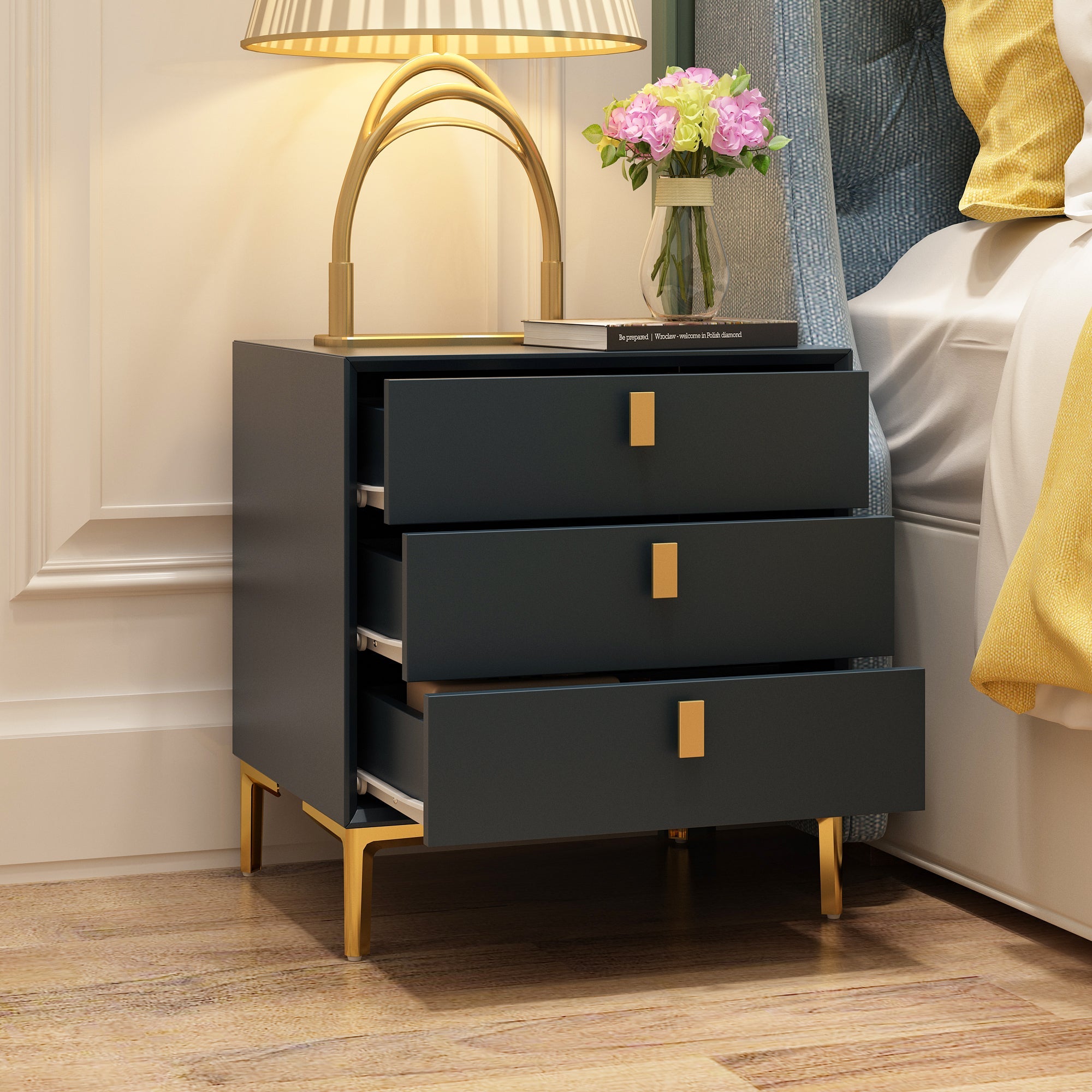 Nightstand Dresser Black End Table in Gold Metal Legs with 3 Drawers