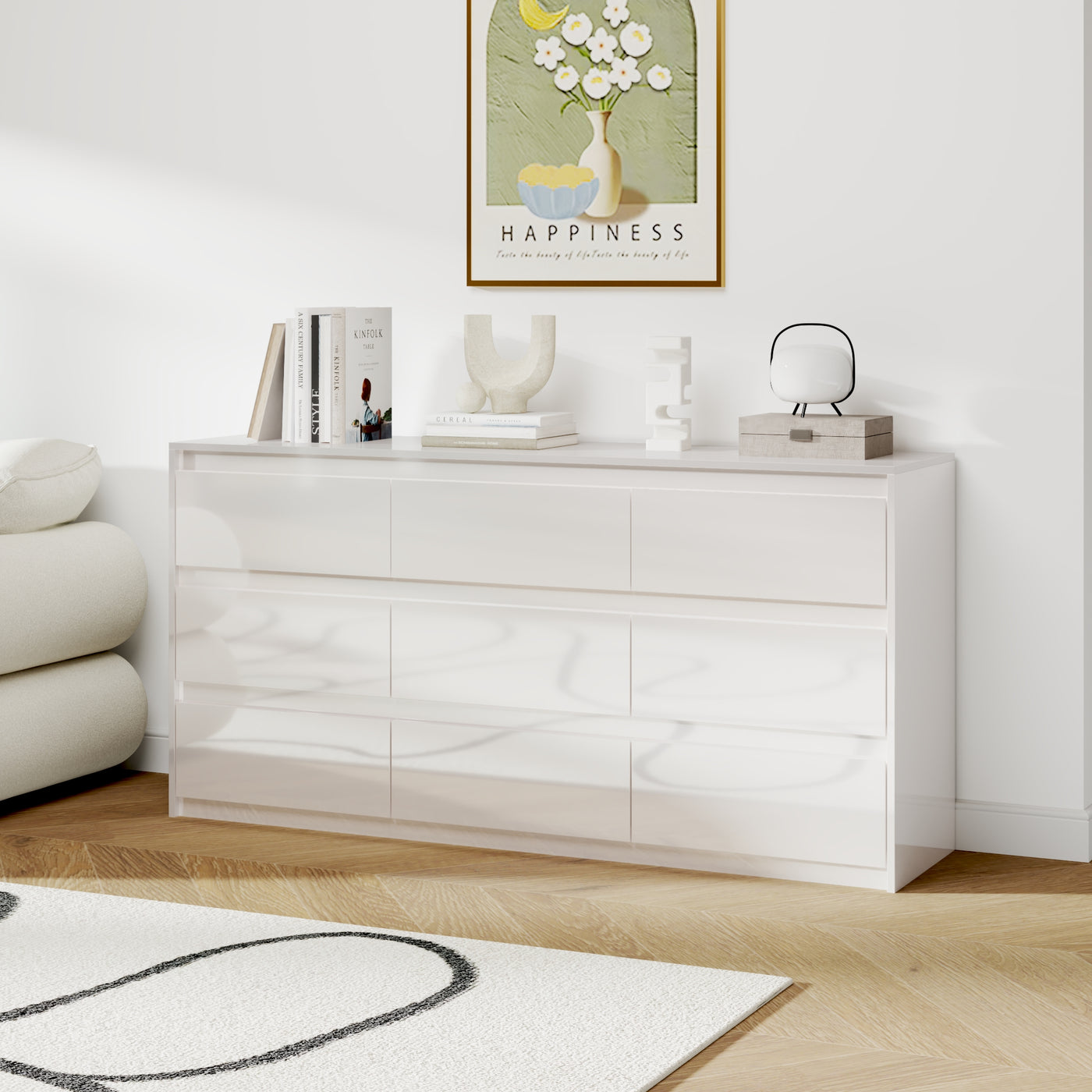 White 9-drawer dresser with minimalist design