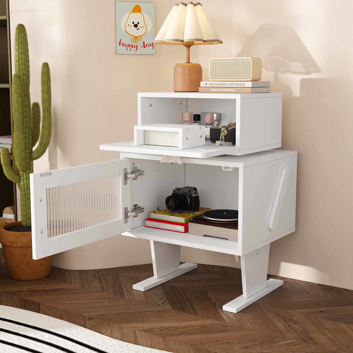 18.9" Modern Creative White Nightstand With Robot Shape And 360°Rotation