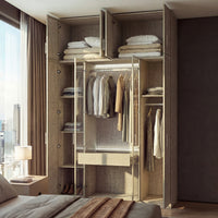 Beige wardrobe cabinet with glass doors, hanging rods, and top cabinets
