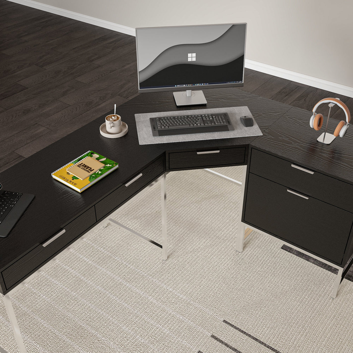 70.8" Modern Black L-Shaped Computer Desk With 4 Standard Drawers, 1 File Drawer