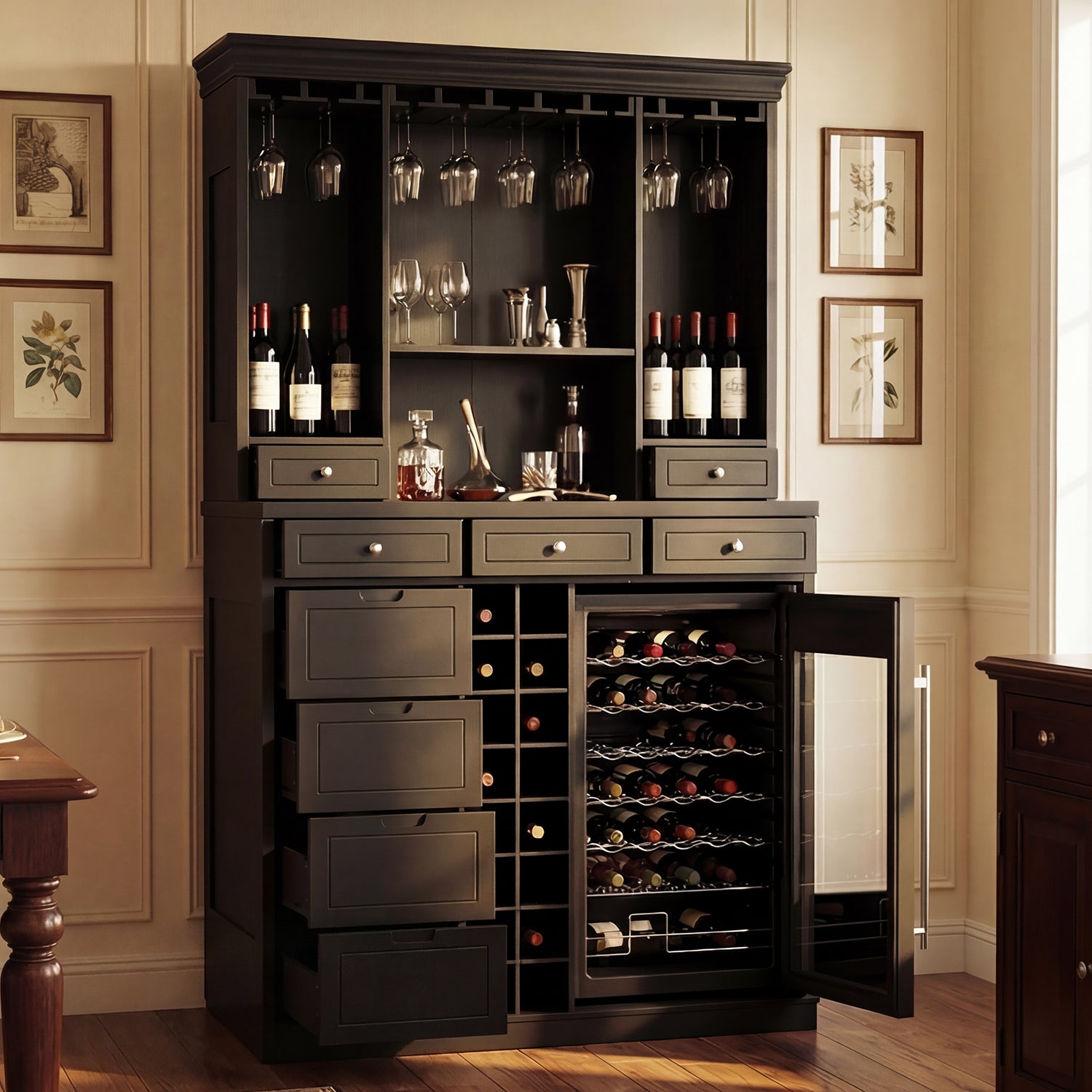 Dark wood bar cabinet with wine bottles and glasses in a home setting