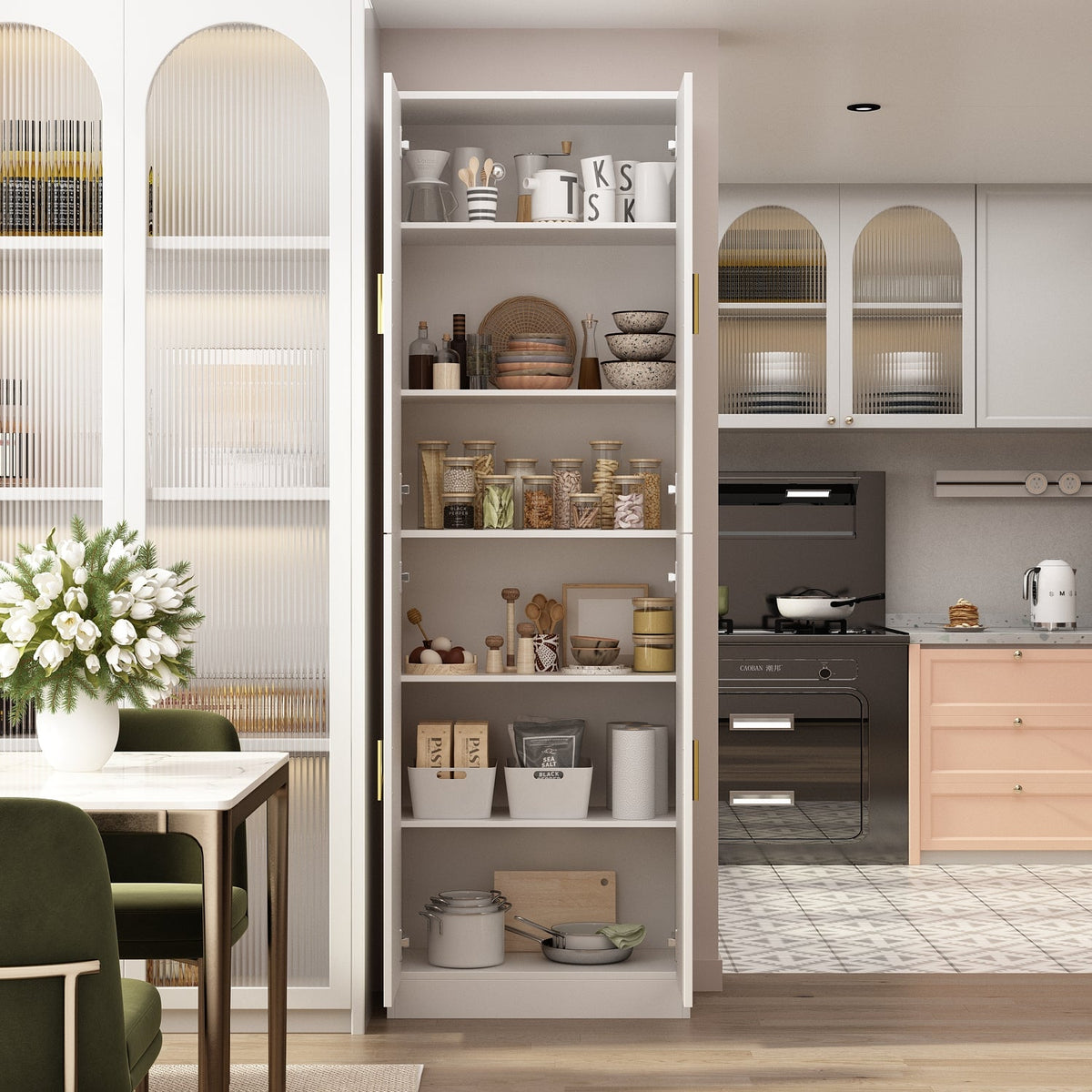 23.2" Modern Minimalist White 6-Shelf Tall Storage Cabinet with Adjustable Compartments