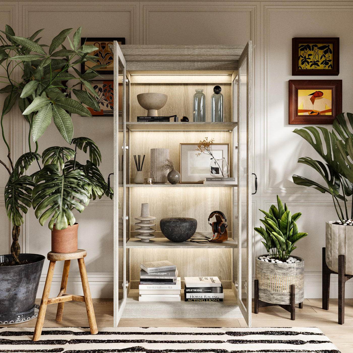 37" Modern 4-Tier Display Bookcase with Glass Doors and Lights
