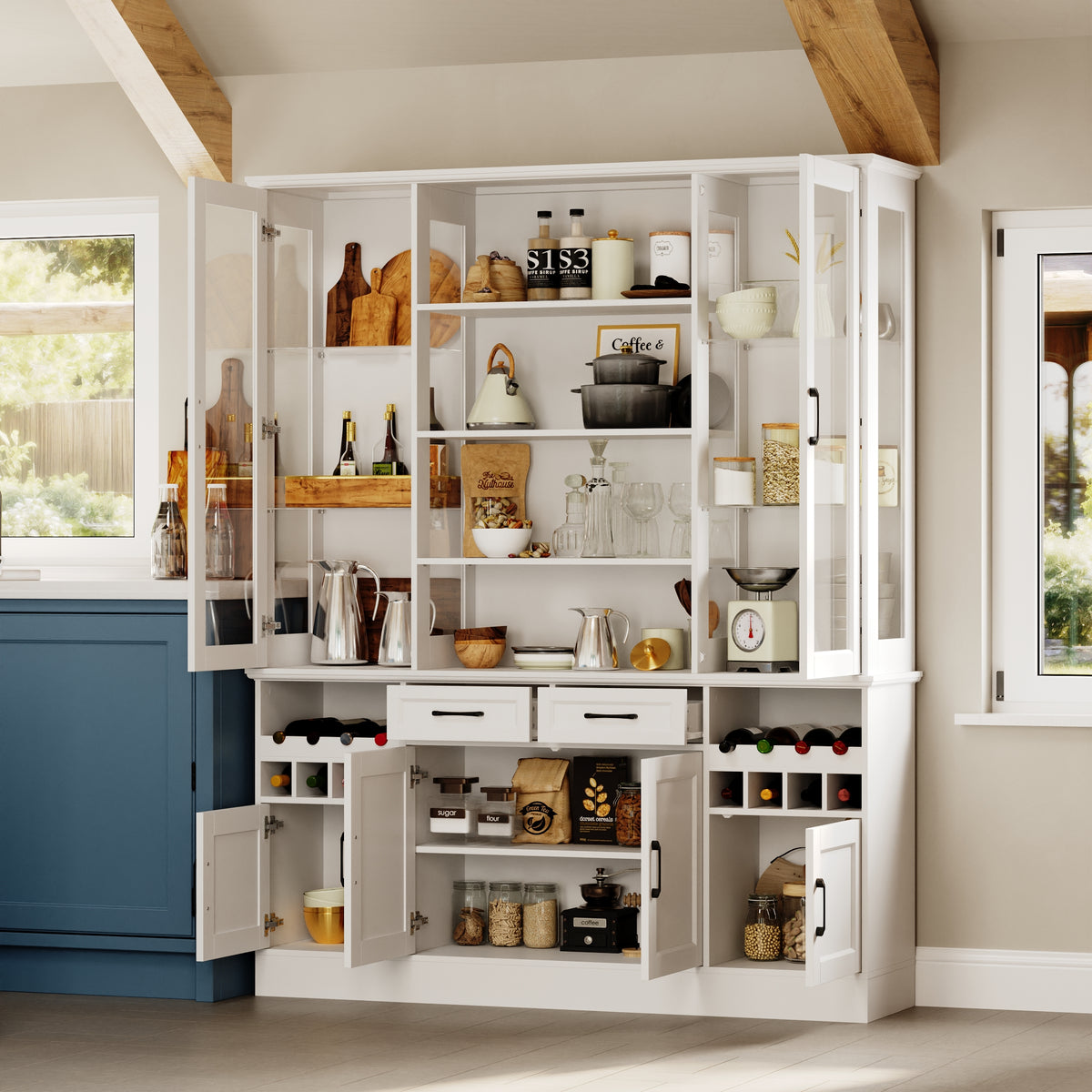 61.4" Modern White Food Pantry Cabinet with Glass Door and Wine Storage