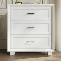 White 3-drawer nightstand with raised panel fronts and black handles