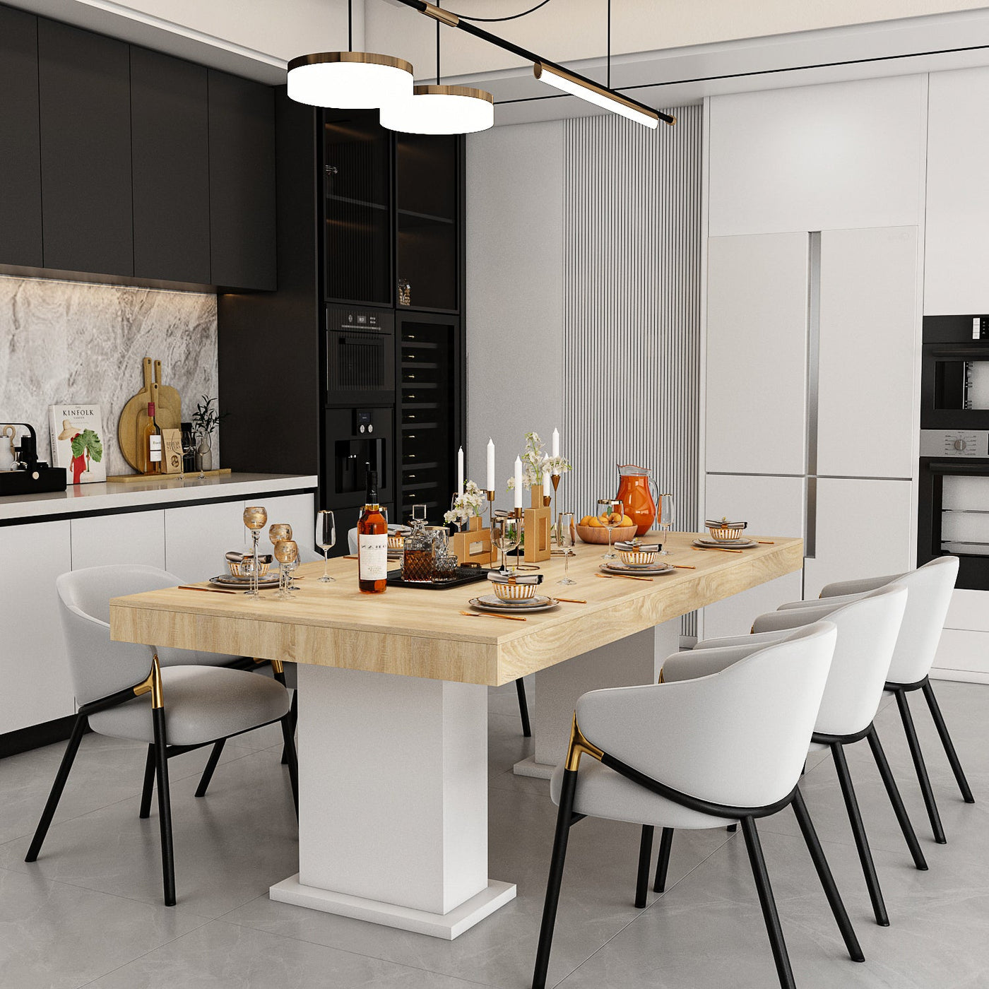 78.7" Modern Natural Rectangular Dinning Table With Two Marble Legs