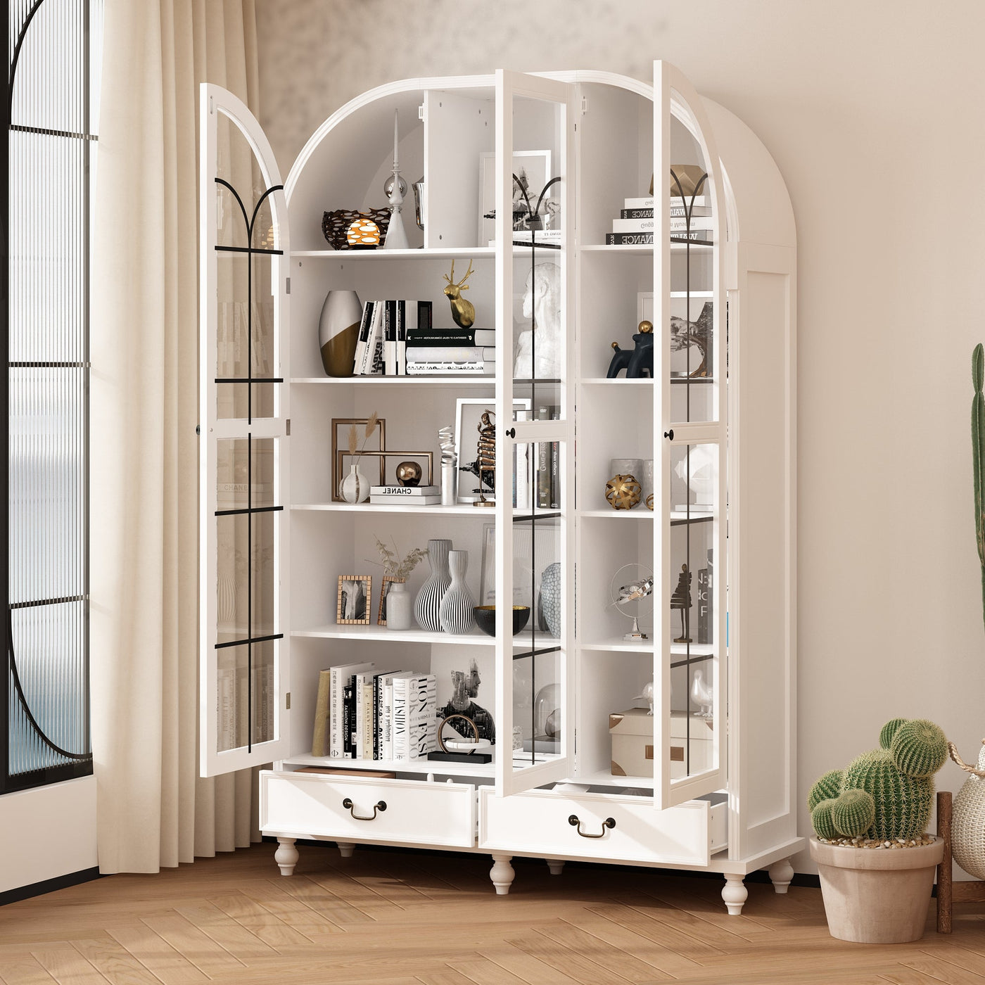 50" Modern Classic White Arched 5-Tier Bookcase With Glass Doors And Drawers