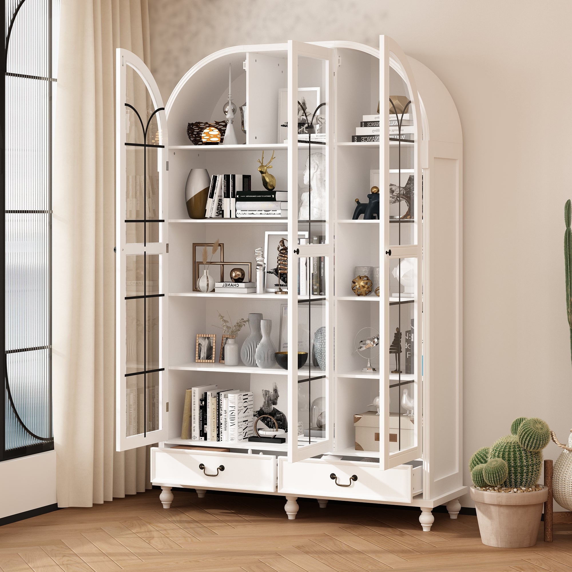 77'' H X 50'' W White Arched 5-Tier Bookcase With Glass Doors And Drawers