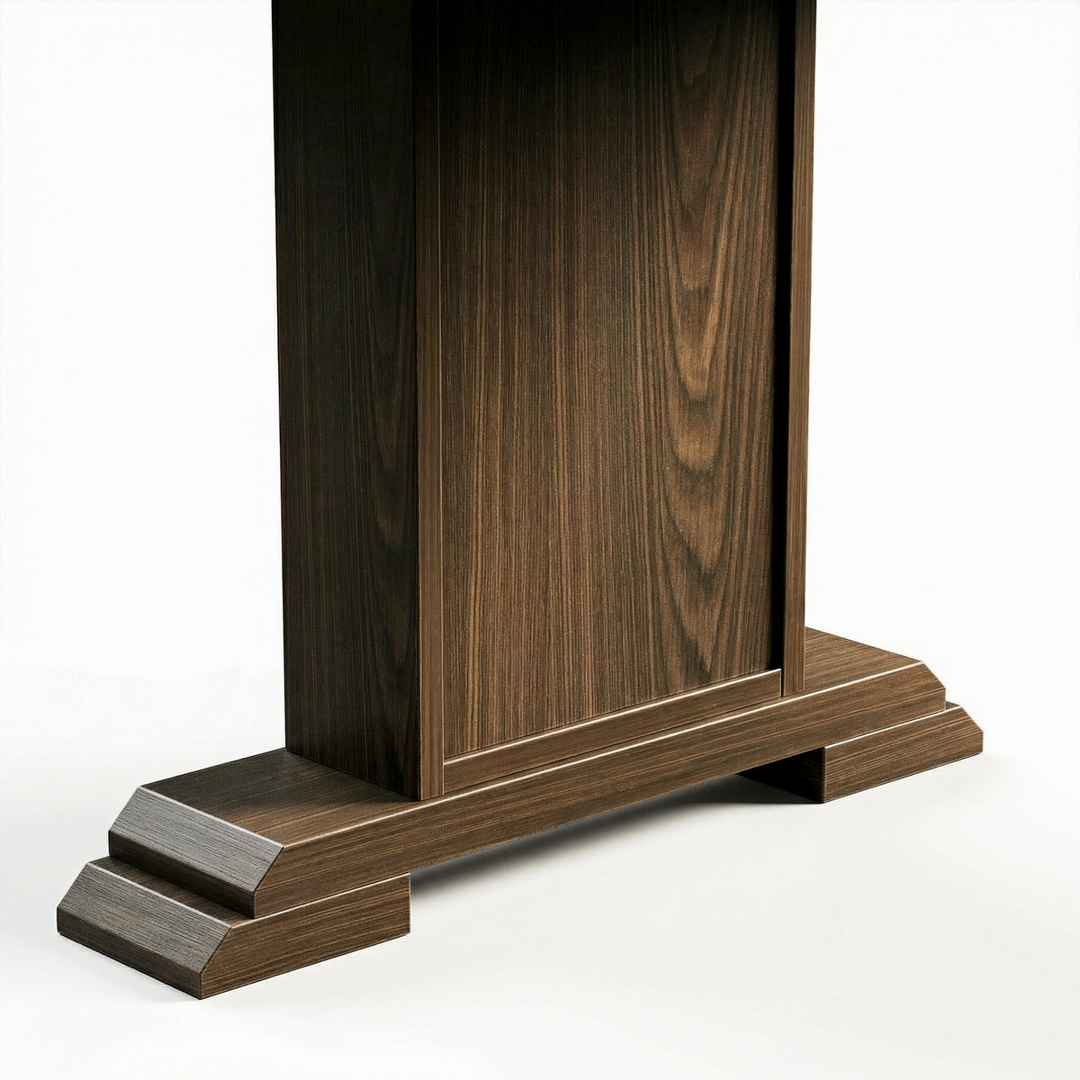 Dark wood standing desk with electric height adjustment and control panel