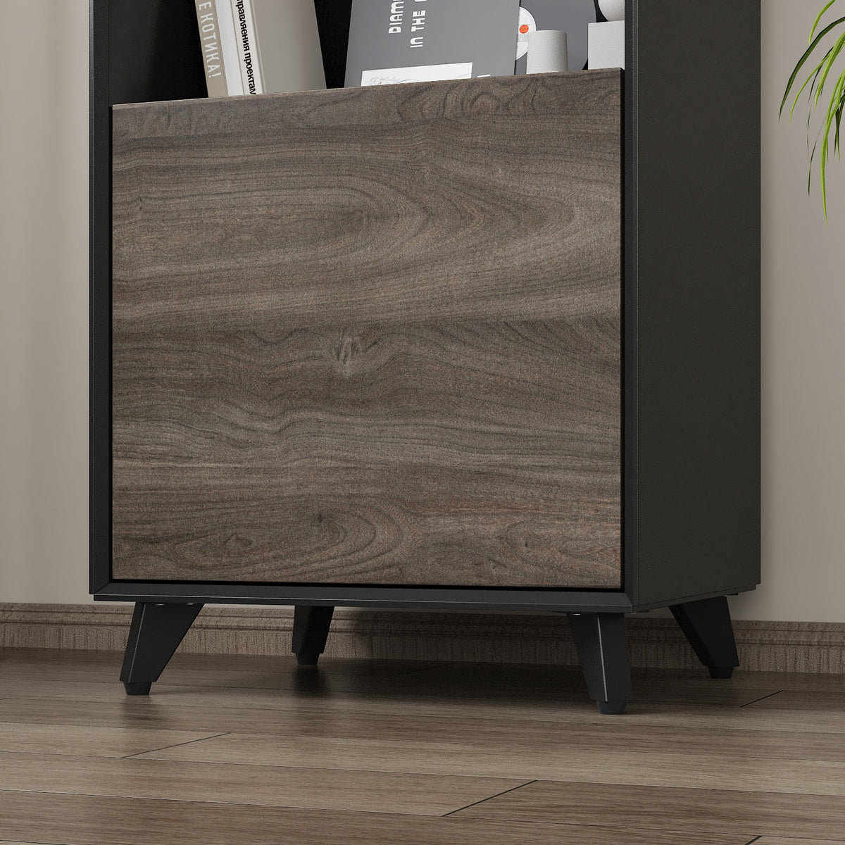 67 inch Modern Brown Tall Bookcase with 3-Color LED Lights & Glass Shelves
