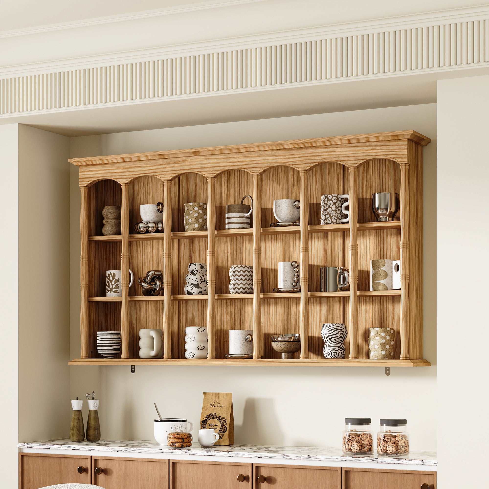 Wood wall cabinet with glass doors and open cubby shelves