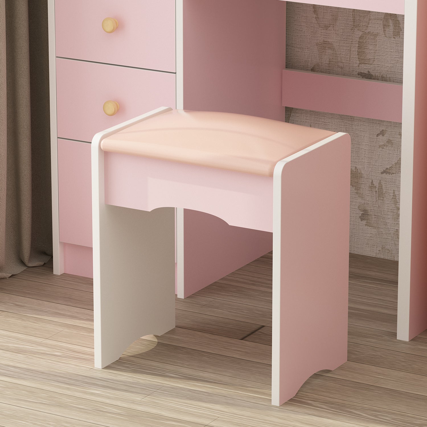 Makeup Vanity Set with Cushioned Stool, 5 Drawers & Display Shelves