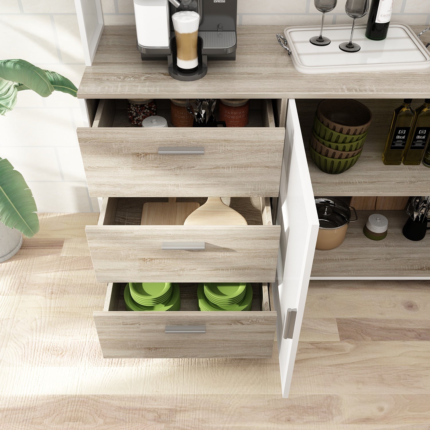 Large Kitchen Sideboard Display Cupboard with Drawers and Mesh Doors Wood Grain