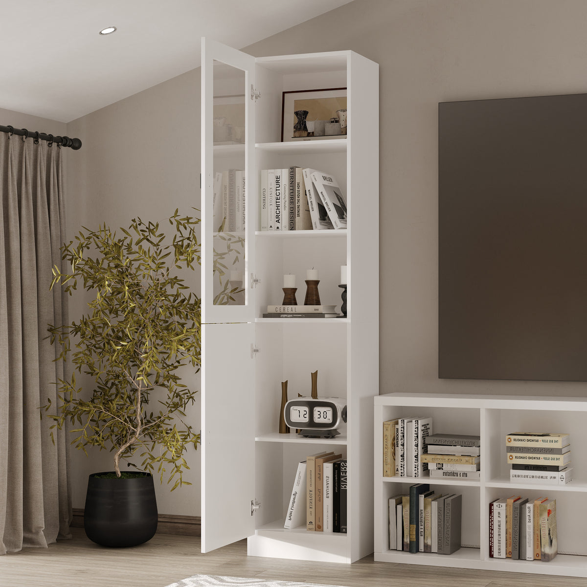 15.7" Modern White 5-Tier Slim Bookcase with Tempered Glass Door