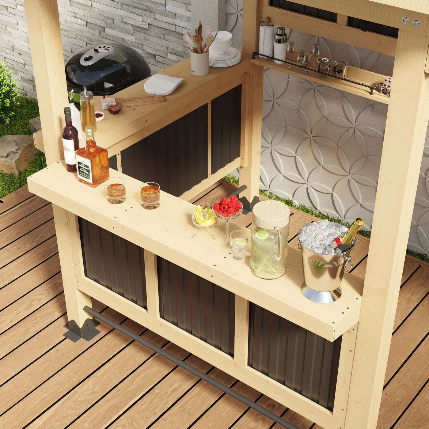 Outdoor kitchen setup with wooden counter, grill, and various items on a patio