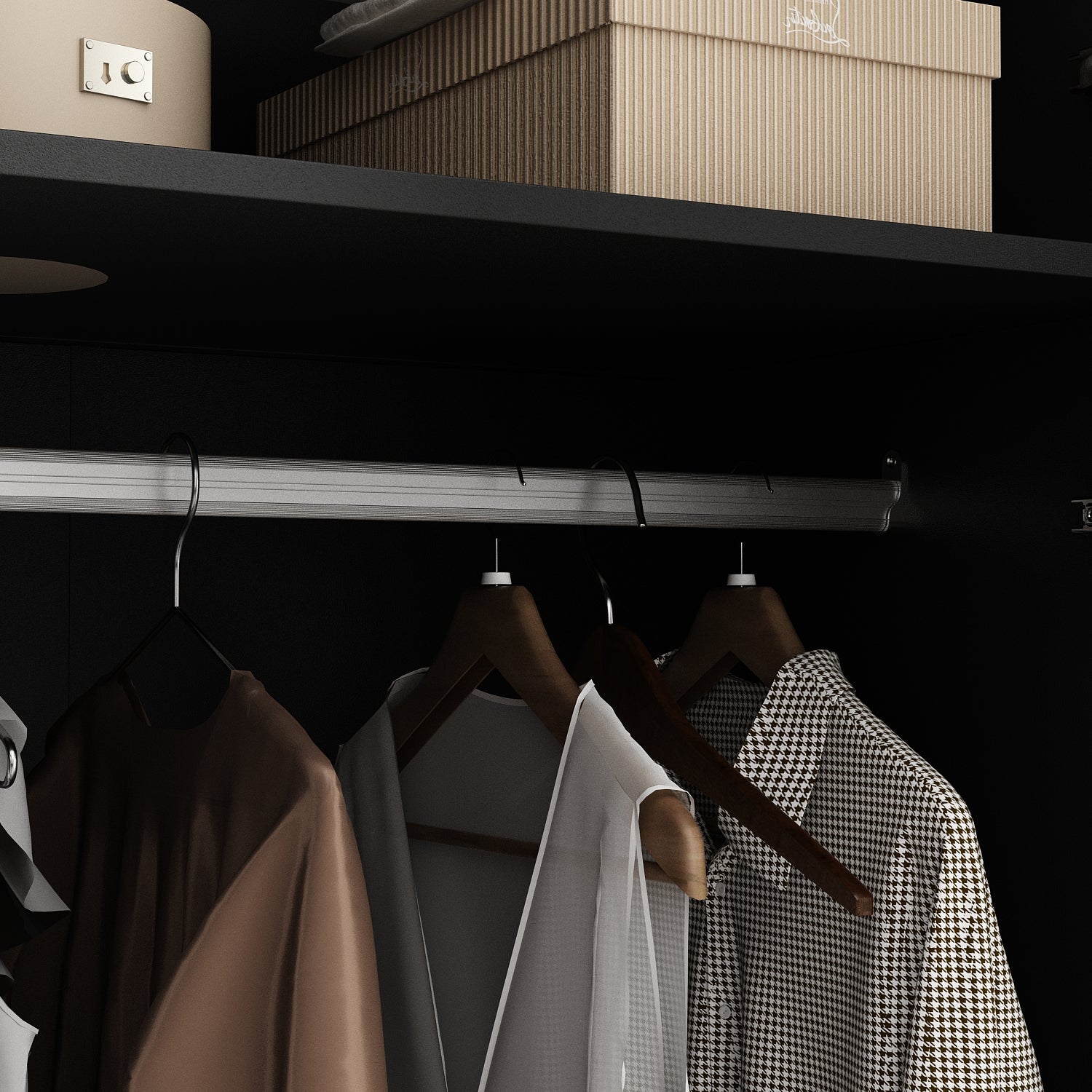 Elegant Black Wardrobe with LED Lighting and Tempered Glass Doors