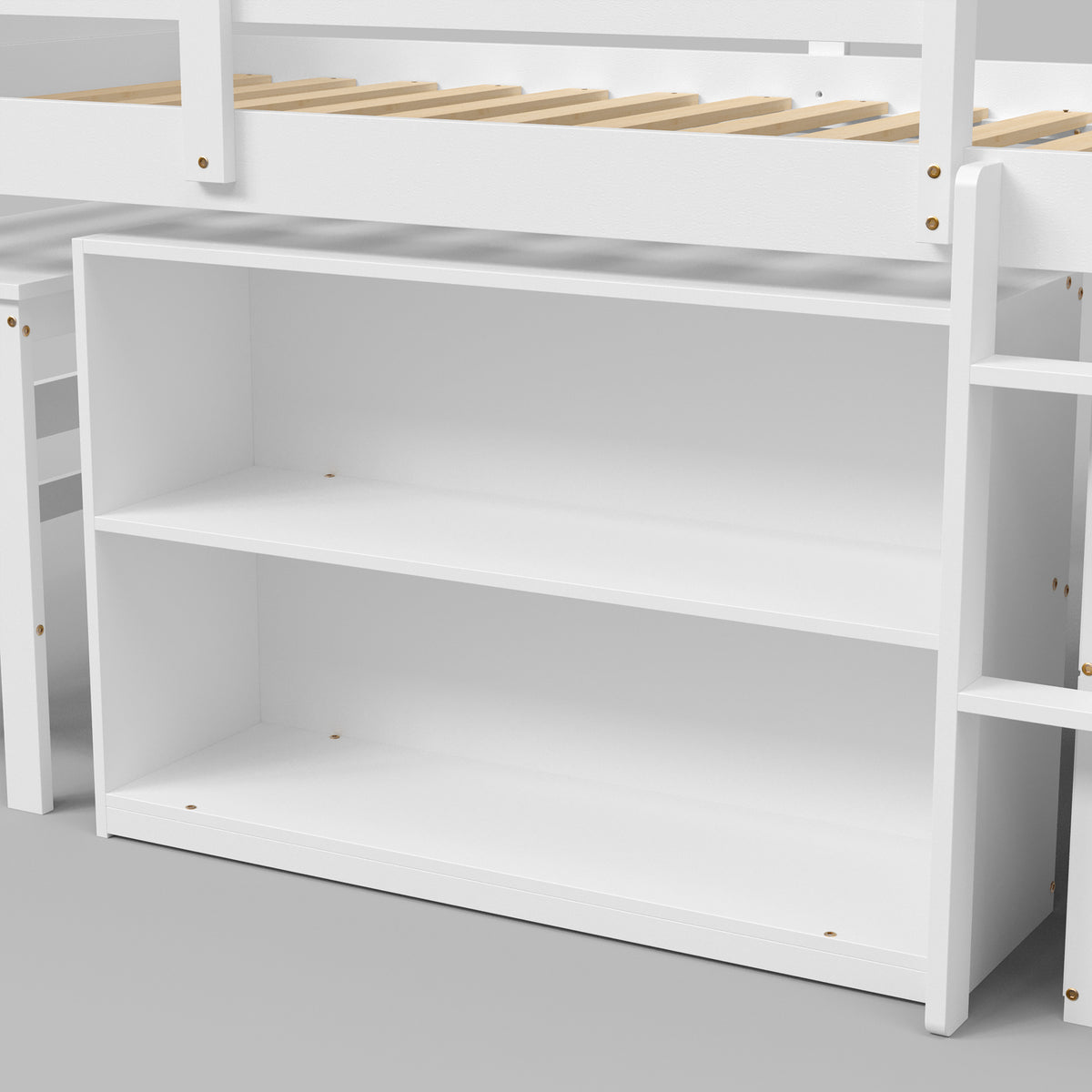 White kids loft bed with built-in desk, shelves, ladder, and storage space