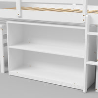 White kids loft bed with built-in desk, shelves, ladder, and storage space