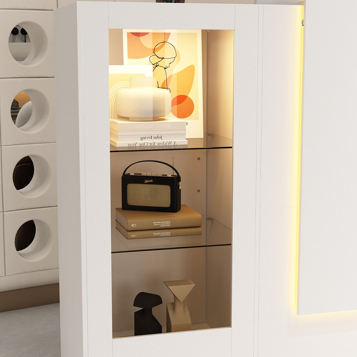 59" Modern White Reception Desk With Display Cabinets And LED Lightsand Transparent Glass