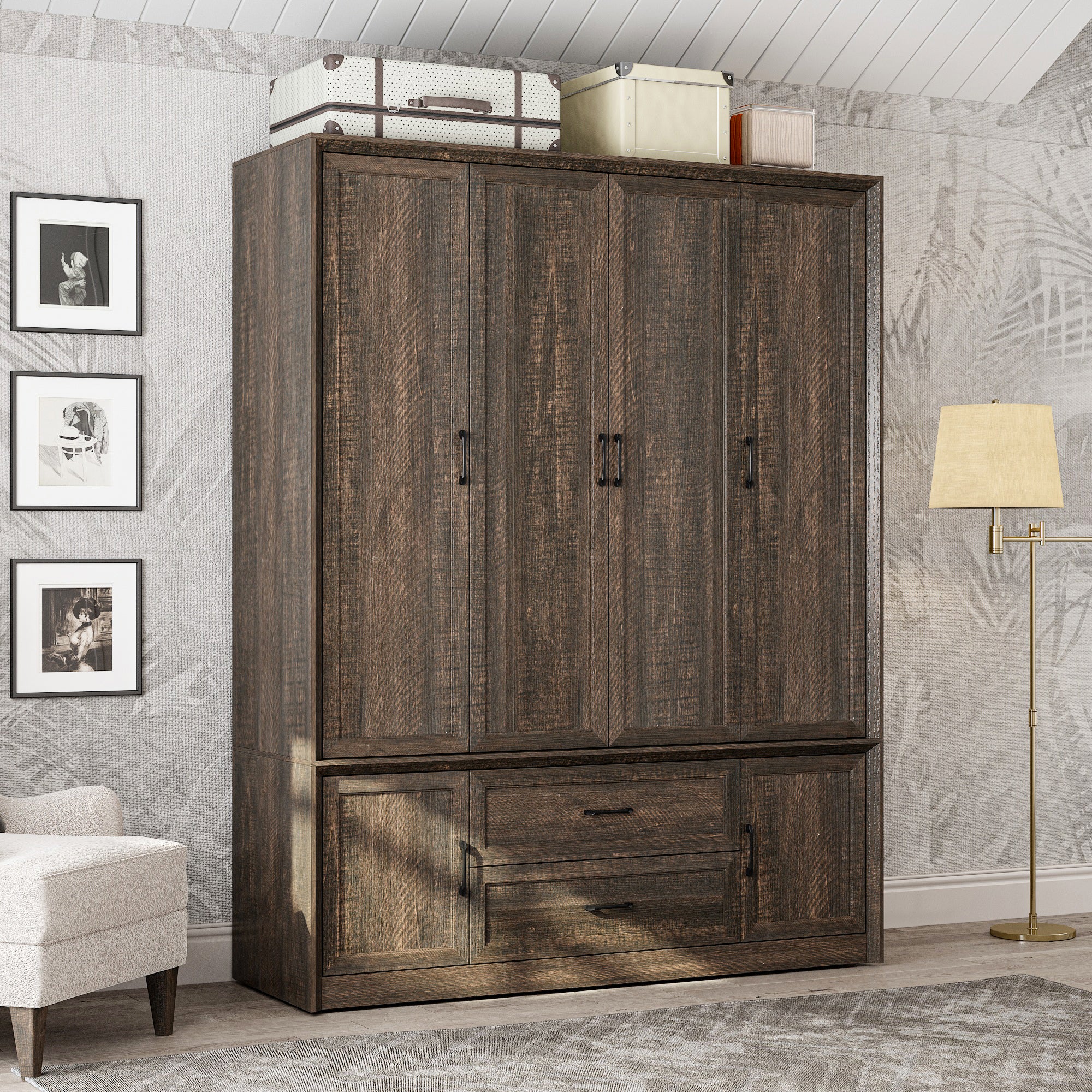 62" Wide 6 Doors 2 Drawers Wood Grain Wardrobe Armoire