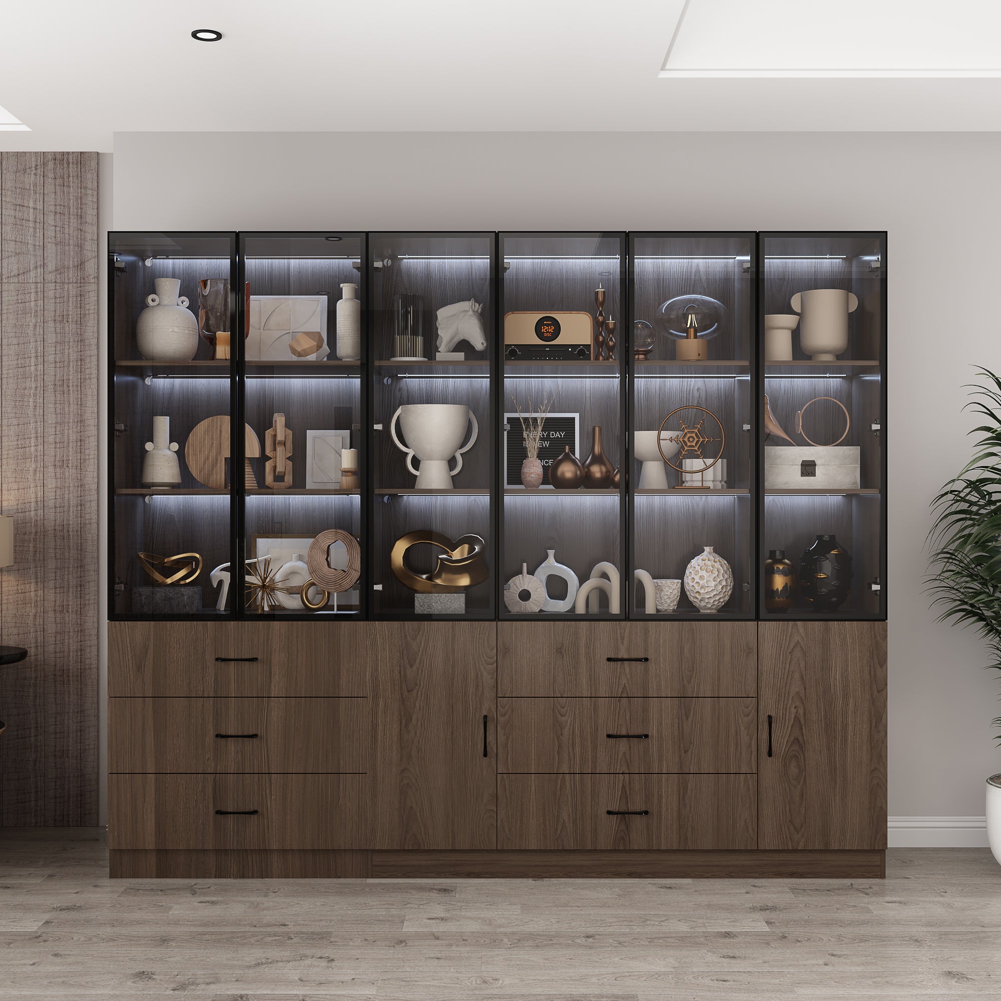 94.4" Wide Glass Door & LED Lights Display Case Curio Cabinet